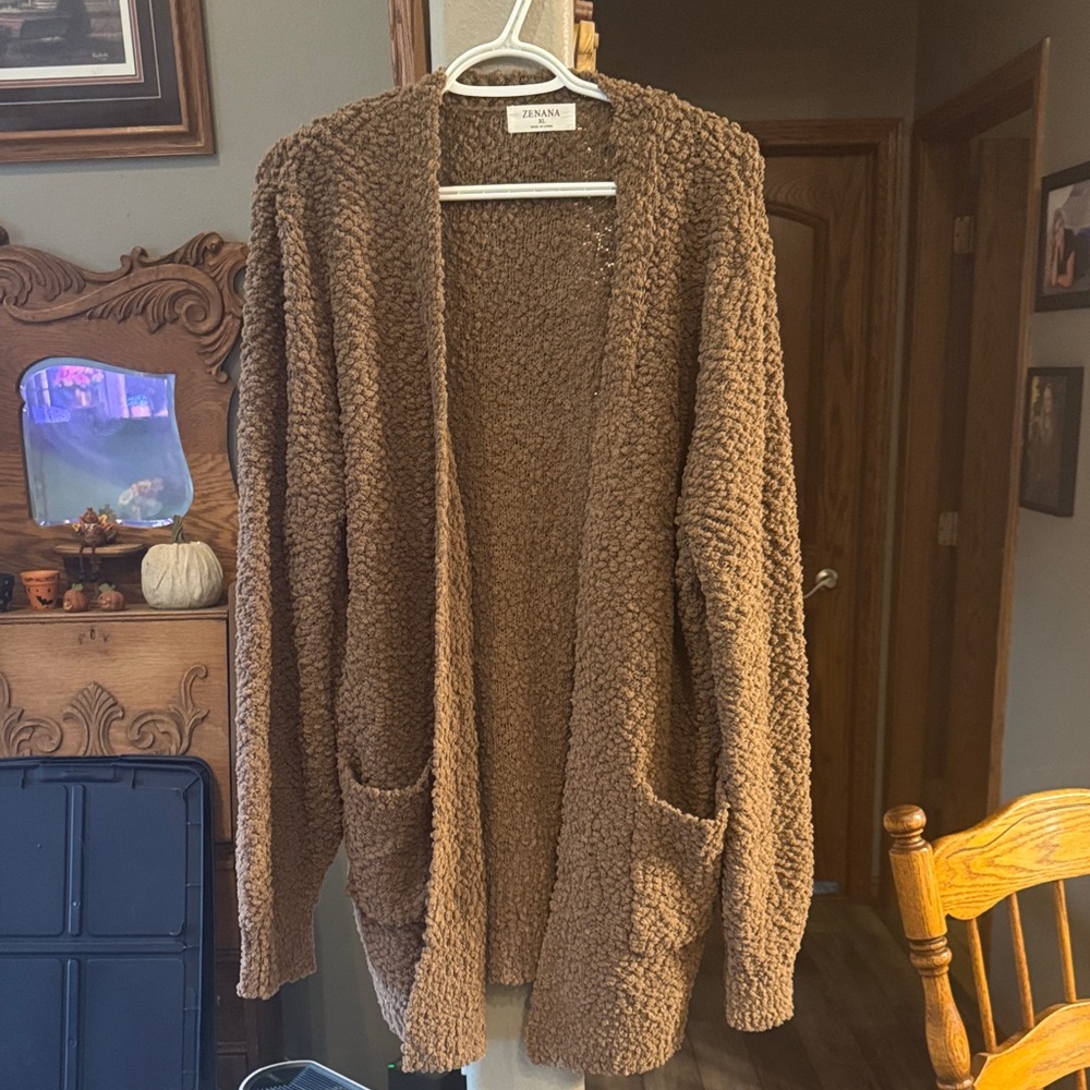 Zenana Outfitters Textured Brown Cardigan